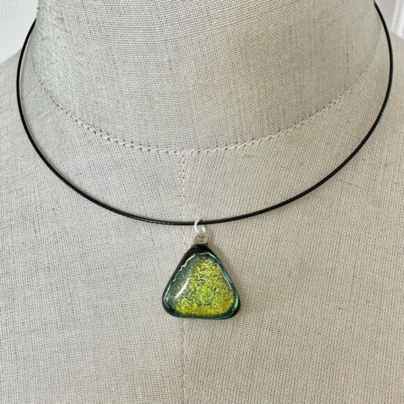 Dichroic Glass Triangle Pendant Necklace on Black Wire Cord - Picture 1 of 7